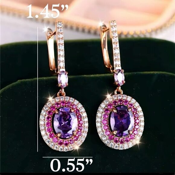 NWT Vintage Style Crystal Huggie Drop Earrings 14K Gold Plated Pink Purple - Picture 6 of 10